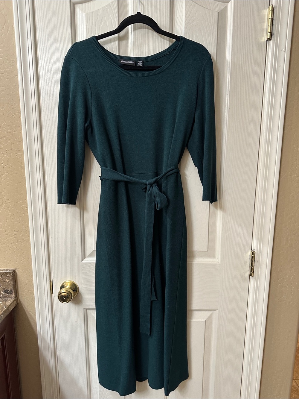 Nina Leonard Teal Green Midi Dress with Self-Tie Belt